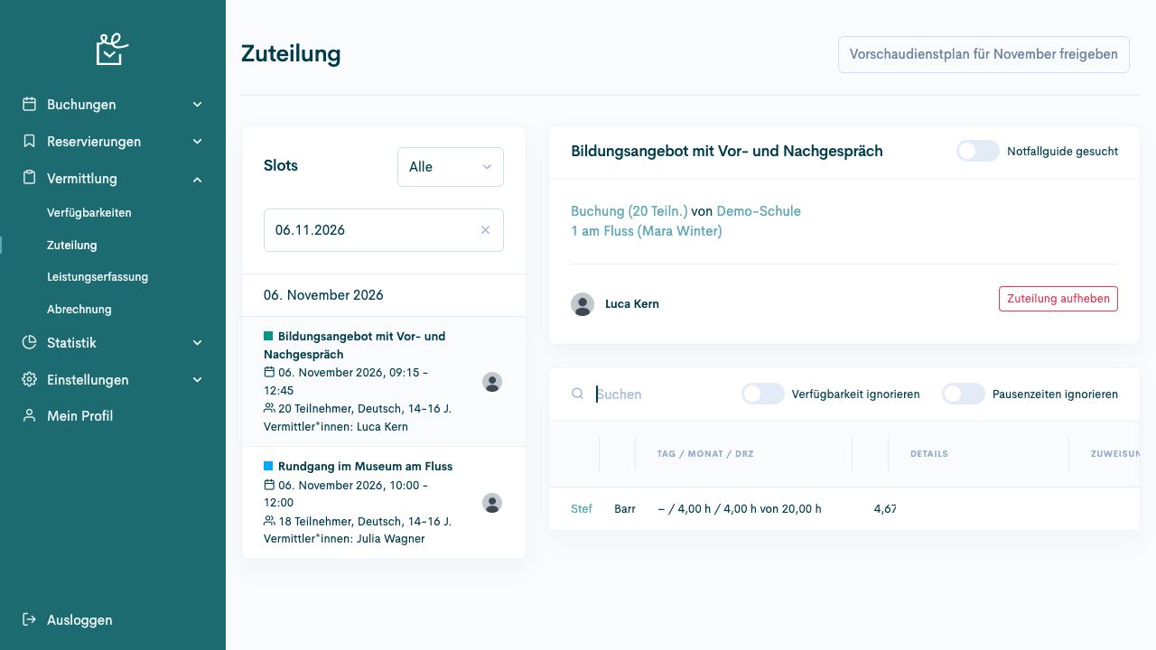 Zuteilungsansicht mit ausgewähltem Termin, verknüpfter Buchung und zugeteilter Person