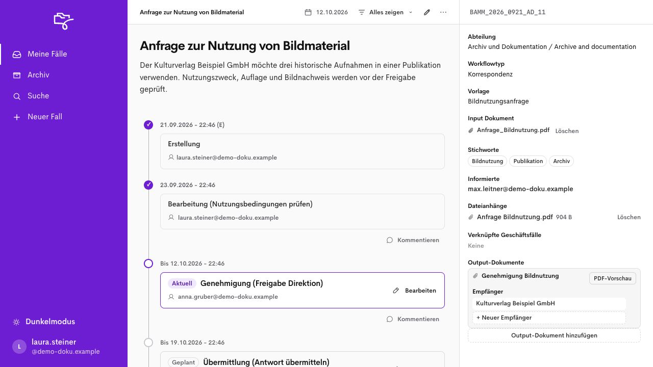 Geschäftsfall mit abgeschlossener Bearbeitung, aktueller Genehmigung und geplanter Übermittlung